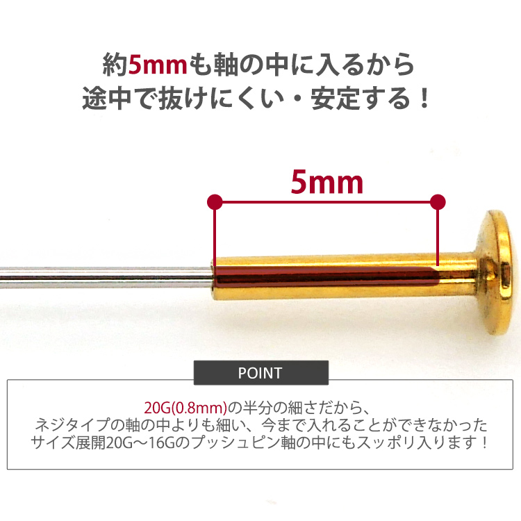 極細テーパーの先端が約5mmも軸の中に入るため途中で抜けにくく安定することを説明。20G(0.8mm)の半分の細さのため従来入れられなかった20G〜16Gのプッシュピン軸の中にもすっぽり入る