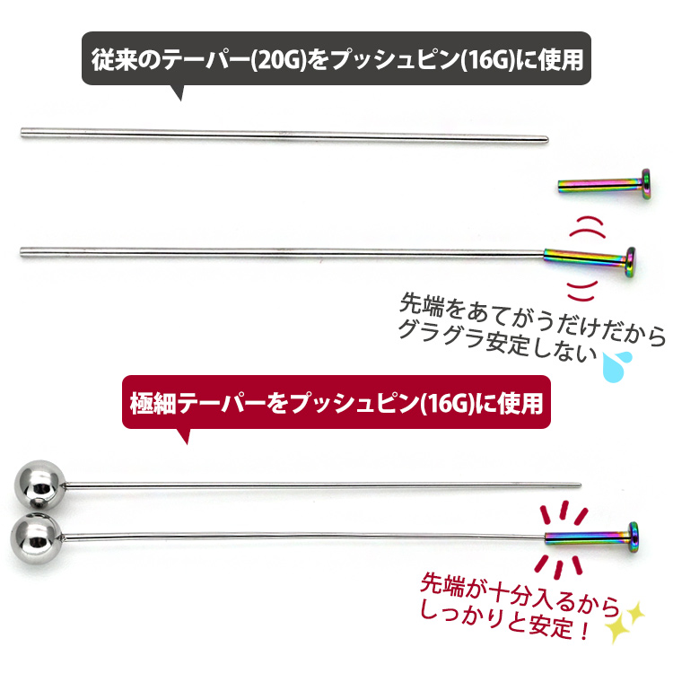 従来のテーパー(20G)をプッシュピン(16G)に使用すると先端をあてがうだけでグラグラ安定しないのに対し、極細テーパーを使用すると先端が十分入りしっかりと安定することを比較した画像