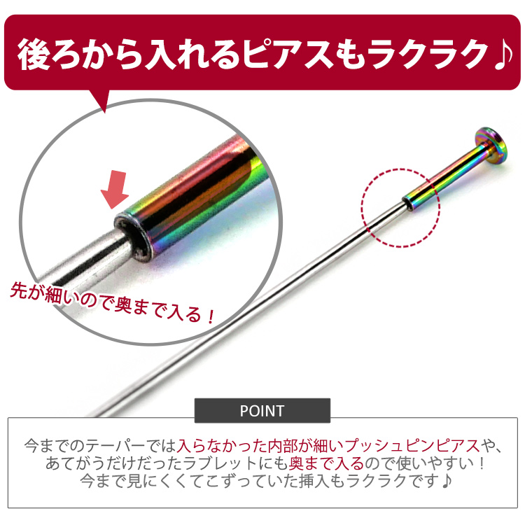 後ろから入れるピアスもラクラクという説明。先が細いので今までのテーパーでは入らなかった内部が細いプッシュピンピアスやラブレットにも奥まで入り挿入がラクラクになることを解説