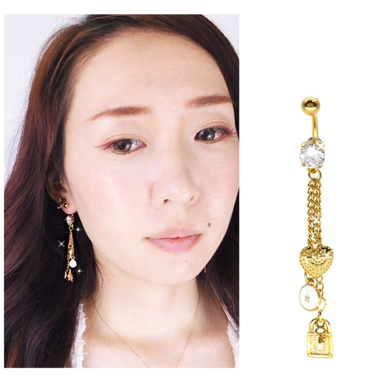 ボディピアス へそピアス 南京錠やハート付 モチーフチャームネイブル